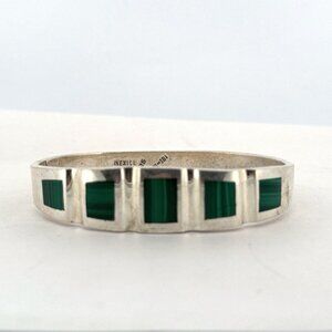 Estate Sterling Silver 925 Malachite Inlay Bangle Bracelet Hinged 6” 46.6g Mexic